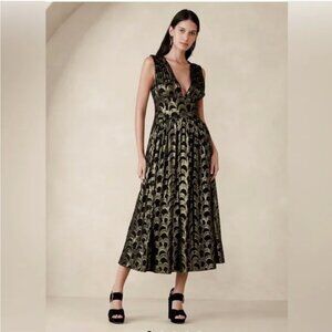 Banana Republic Womens Mali Silk Jacquard Dress 12 Sleeveless Black Metallic